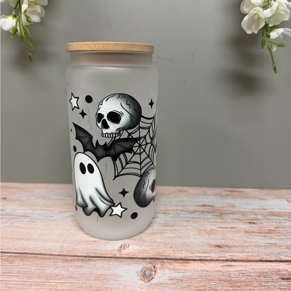 Skull and Ghost Themed Frosted Glass Jar with Bamboo Lid